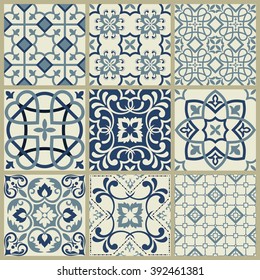 Collection of 9 ceramic tiles in blue and gray