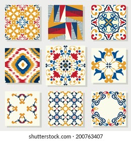 Collection of 9 ceramic tiles, blue-orange style