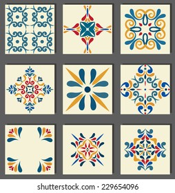 Collection of 9 ceramic tiles, blue-orange style 