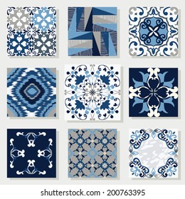 Collection of 9 ceramic tiles, in blue-white style