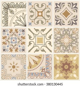 Collection of 9 ceramic tiles in brown, beige and blue