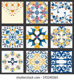 Collection of 9 ceramic tiles, orange-blue style 