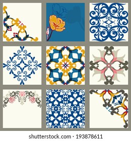 Collection of 9 ceramic tiles, orange-blue style