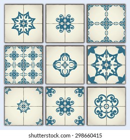 Collection of 9 ceramic tiles, retro blue style, part 1