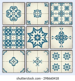 Collection of 9 ceramic tiles, retro blue style, part 2