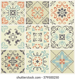 Collection of 9 ceramic tiles in retro colors
