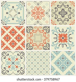 Collection of 9 ceramic tiles in retro colors