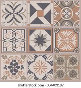 Collection of 9 ceramic tiles in retro colors