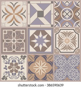 Collection of 9 ceramic tiles in retro colors