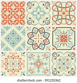 Collection of 9 ceramic tiles in retro colors