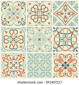 Collection of 9 ceramic tiles in retro colors