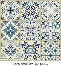 Collection of 9 ceramic tiles in retro colors