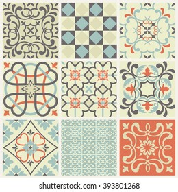 Collection of 9 ceramic tiles in retro colors