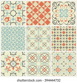 Collection of 9 ceramic tiles in retro colors