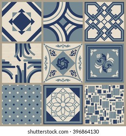 Collection of 9 ceramic tiles in retro colors
