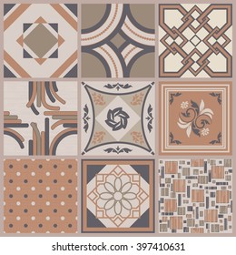 Collection of 9 ceramic tiles in retro colors