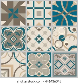 Collection of 9 ceramic tiles in retro colors