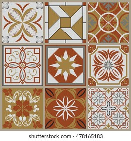 Collection of 9 ceramic tiles in retro colors
