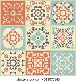 Collection of 9 ceramic tiles in retro colors. Vintage patterns. Vector illustration.