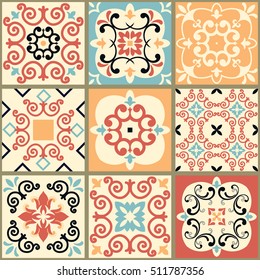 Collection of 9 ceramic tiles in retro colors. Vintage patterns. Vector illustration