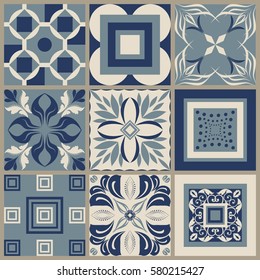 Collection of 9 ceramic tiles in retro colors