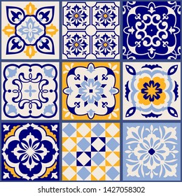 Collection of 9 ceramic tiles in turkish style. Seamless colorful patchwork from Azulejo tiles. Portuguese and Spain decor. Islam, Arabic, Indian, Ottoman motif. Vector Hand drawn background 