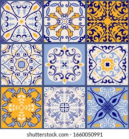 Collection of 9 ceramic tiles in turkish style. Seamless colorful patchwork from Azulejo tiles. Portuguese and Spain decor. Islam, Arabic, Indian, Ottoman motif. Vector Hand drawn background