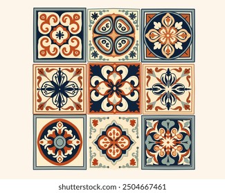 Collection of 9 ceramic tiles in Turkish style in sand color. Azulejo. Decor of Portugal and Spain. Islam, Arabic, Indian, Ottoman motif. Hand drawn vector background