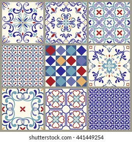 Collection of 9 ceramic tiles in turkish style