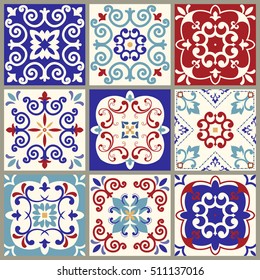 Collection of 9 ceramic tiles in turkish style