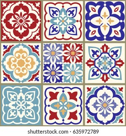 Collection of 9 ceramic tiles in turkish style. Seamless colorful patchwork.  Endless pattern can be used for ceramic tile, wallpaper, linoleum, textile, web page background. Vector