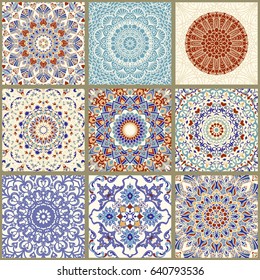 Collection of 9 ceramic tiles in turkish style. Seamless colorful patchwork.  Endless pattern can be used for ceramic tile, wallpaper, linoleum, textile, web page background. Vector
