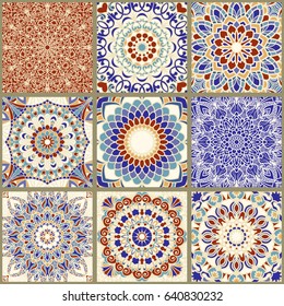 Colección de 9 baldosas de cerámica de estilo turco.Manchas de colores impecables. Se puede utilizar un patrón sin fin para cerámica, papel pintado, linóleo, textil, fondo de página web. Vector