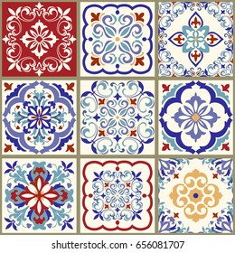 Collection of 9 ceramic tiles in turkish style. Seamless colorful patchwork. Endless pattern can be used for ceramic tile, wallpaper, linoleum, 