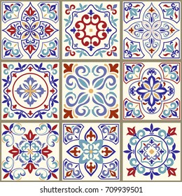 Collection of 9 ceramic tiles in turkish style. Seamless colorful patchwork. Endless pattern can be used for ceramic tile, wallpaper, linoleum, textile, web page background. Vector