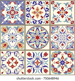Collection of 9 ceramic tiles in turkish style. Seamless colorful patchwork. Endless pattern can be used for ceramic tile, wallpaper, linoleum, textile, web page background. Vector
