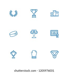 Collection of 9 champion outline icons include icons such as medal, boxing, puck, trophy, certificate, podium