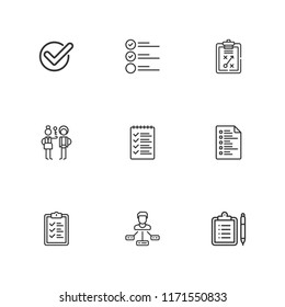 Collection of 9 checkmark outline icons include icons such as list, check in, clipboard, checked, task