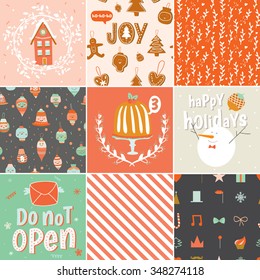 Collection of 9 Christmas gift tags and cards templates. Christmas beautiful cheerful posters set. Lovely winter invitations with cartoon and character style illustration.