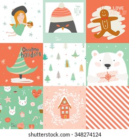 Collection of 9 Christmas gift tags and cards templates. Christmas beautiful cheerful posters set. Lovely winter invitations with cartoon and character style illustration.