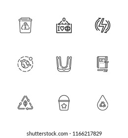 Collection of 9 clean outline icons include icons such as ecologist, renewable energy, bucket, waste, save water, recycling, gum shield, environment