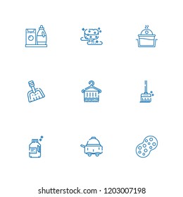 Collection of 9 cleaner outline icons include icons such as room service, dustpan, towel, sponge, detergent, laundry