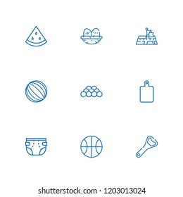 Collection of 9 closeup outline icons include icons such as basketball, watermelon, ball, cutting board, bottle opener, nest, position