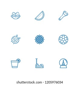 Collection of 9 closeup outline icons include icons such as soccer ball, ball, watermelon, glass, bottle opener, nest, sunflower