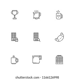 Collection of 9 coffee outline icons include icons such as croissant, office, cup, coffee cup