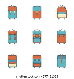 Collection of 9 colorful icons of backpack.Symbols of handmade vintage Bag.Leather goods.Skinner work.Stylish Logo.Linear,hipster,flat style.Template.Old design.Vector illustration.Isolated on white 