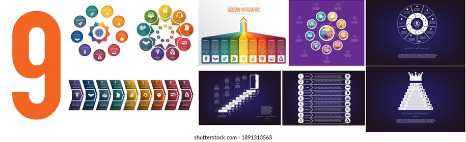 Collection of 9 colorful infographics with nine positions. Infographic can be used for presentations, business concepts. 