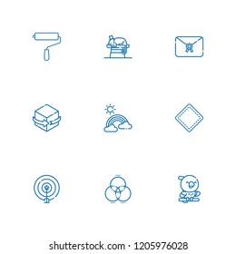 Collection of 9 colorful outline icons include icons such as d, rgb, parrot, rainbow, letter, chameleon, patch, target
