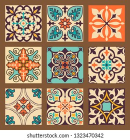 Collection of 9 colorful tile with Islam, Arabic, Indian, Ottoman motifs. Majolica pottery tile. Portuguese and Spain azulejo. Ceramic tiles. Vector illustration