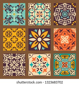 Collection of 9 colorful tile with Islam, Arabic, Indian, ottoman motifs. Majolica pottery tile. Portuguese and Spain decor. Azulejo. Ceramic tiles. Vector illustration